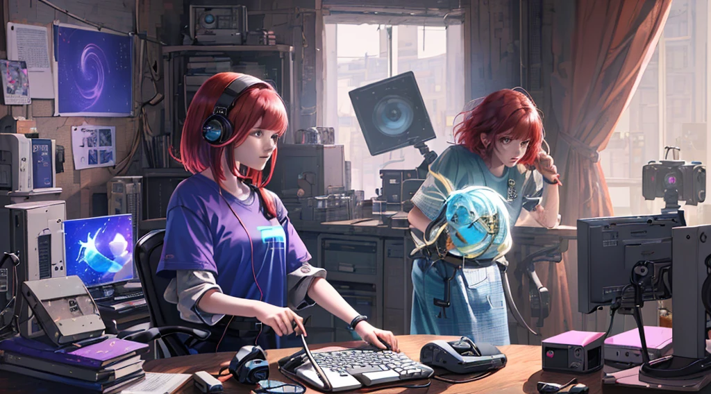 A girl plays with a computer while studying, Red hair, Technology style, Pink, purple, Blue, Monitors, keyboard, notebooks, Desk work, Computer host, mobile phone, mouse, stereo, illustration, iphone, Mac, Macbook, AirPods Pro, wireless headset, short sleeve T-shirts, Short skirt, Wide-angle lens, (Full body photo), tmasterpiece、(Photorealsitic:1.4)、top-quality、beautiful light up、(Ulzzang-6500:0.5)、makima \(chainsawman\)、(bob hair)+(brunette color hair)+(By bangs)、eRed eyes、eRed eyes、Kaihuai、((Ring-shaped Eyes))、RAW photography、8K  UHD、Film grains