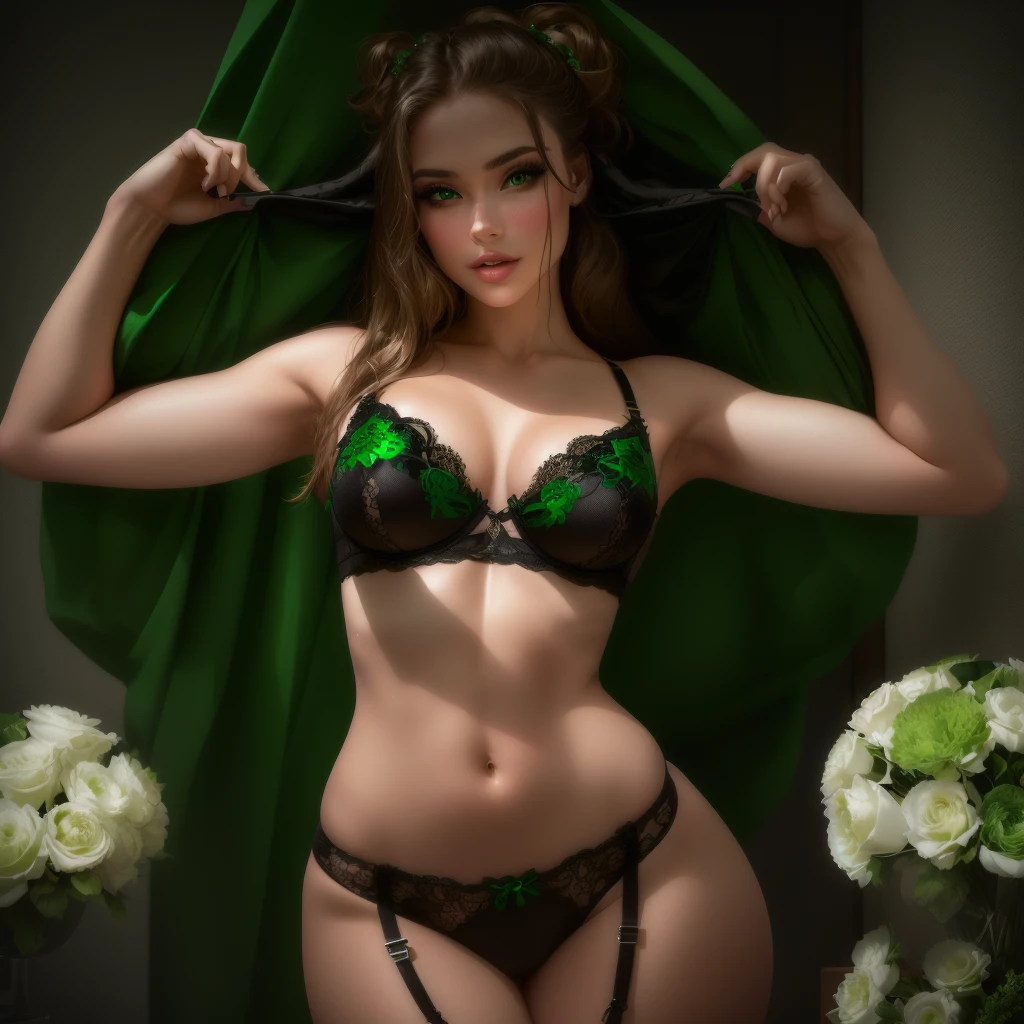 there is a woman in a black bra and a green bra, model with attractive body, wearing sexy lingerie, sexy girl with green eyes, posing in bra, sexy young woman, sultry body with sexy belly, gorgeous young model, sexy girl, attractive body, beautiful feminine body, sexy pose, beautiful sexy woman photo, black and green, sexy look