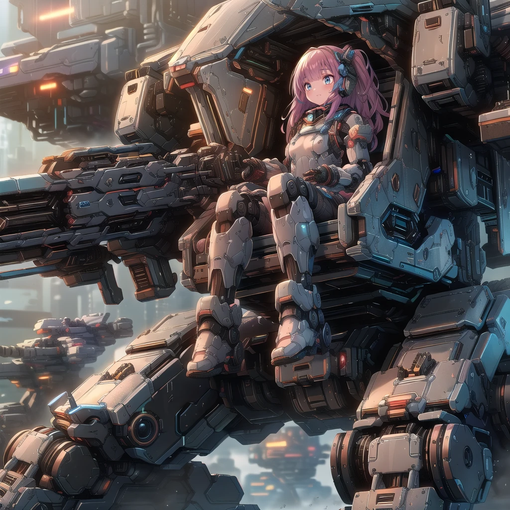 (masterpiece:1.2), best quality, high resolution, extremely detailed CG, absurdres, highres, Sci-fi world where a girl in bodysuit sits inside a machine with giant robot arms and legs on a battlefield, and the girl holds the lever of the machine,Colorful portraits