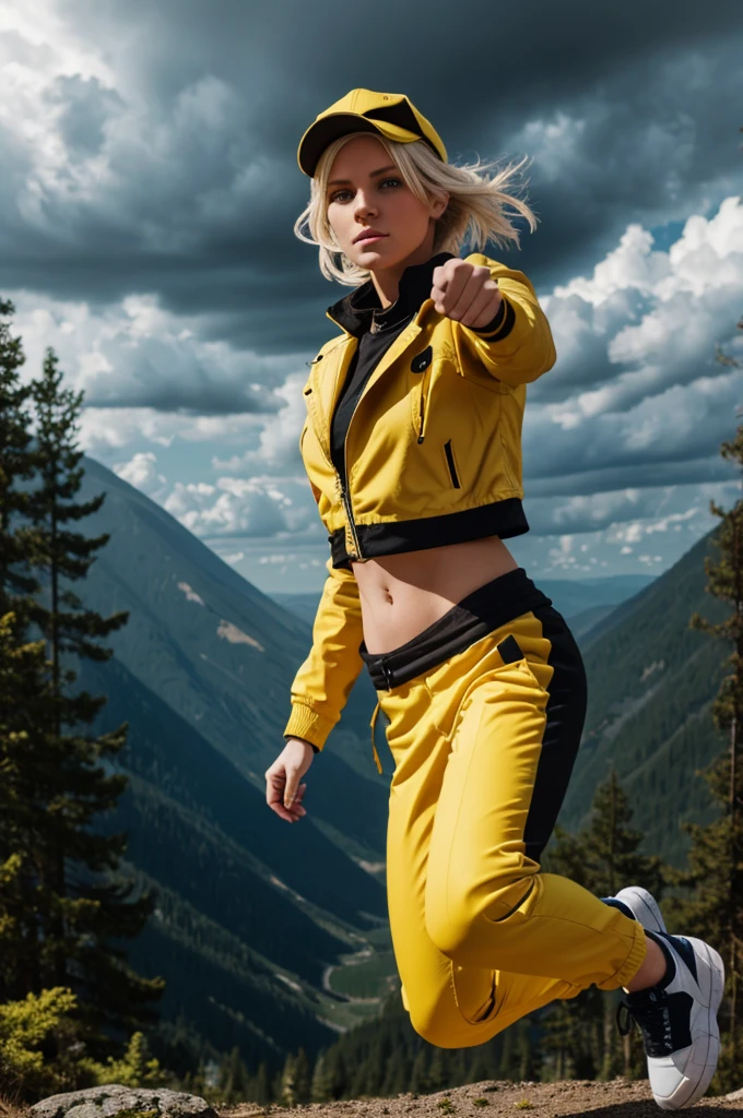 1white-skinned woman, with tied mustard colored hair, with yellow jacket, and black cap ,with medium chest,blue eye , tight yellow pants with black stripes,a white shoe, medium buttocks, flying in the sky with his fists towards the viewer, background full HD 4k menacing shadows, ESCARIAN FOREST, suspended atmosphere, realist , Stormy, sharp focus, action