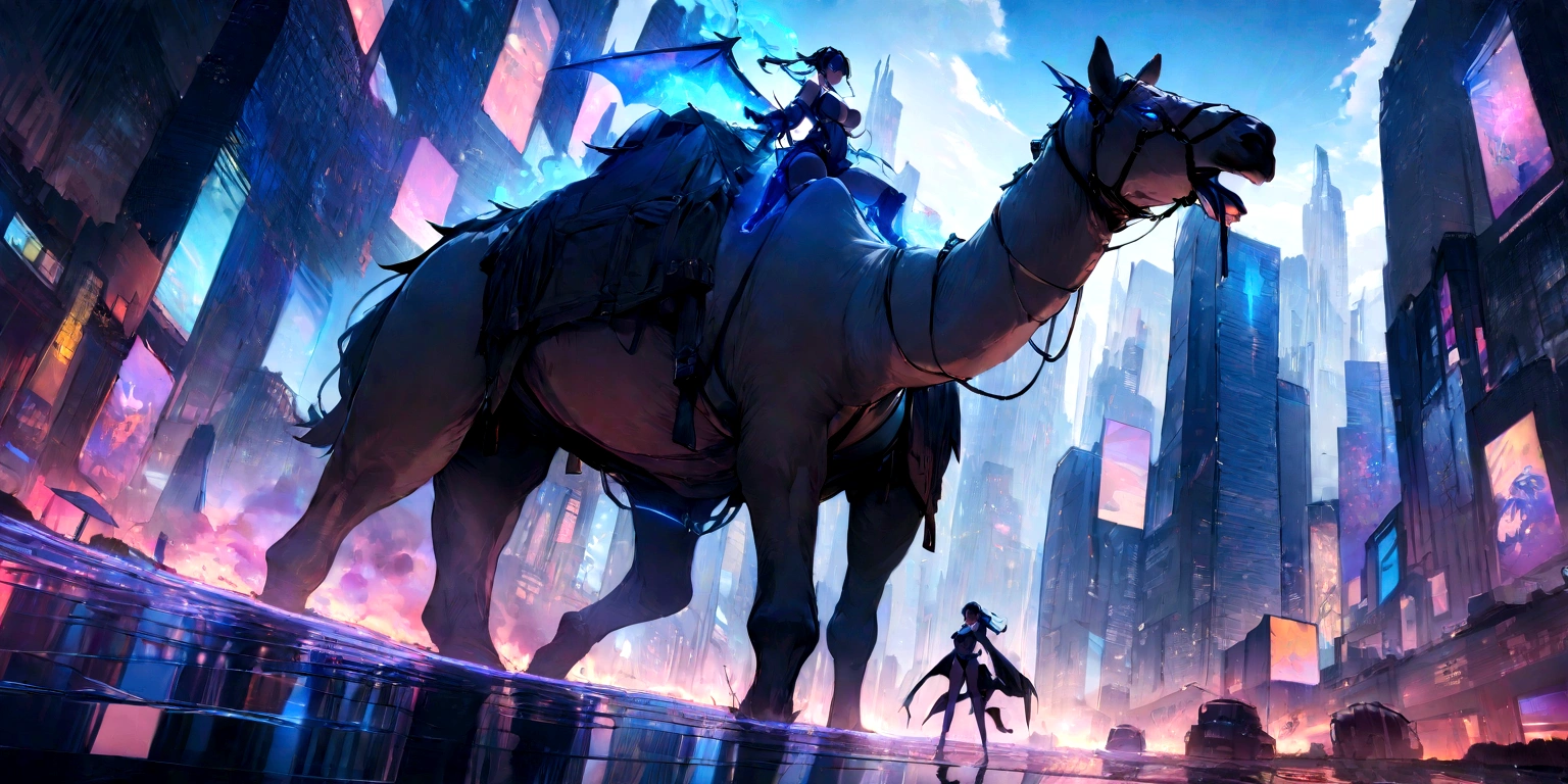 ((masterpiece, Highest quality, Best image quality, High resolution)) A female demon riding a large camel、Glowing blue eyes and advanced cybernetic enhancements. Seen in dynamic action poses, reflection on a smooth surface. The cityscape below is filled with towering skyscrapers., illuminated by colorful holographic advertisements, Shining with blue energy, Mighty power. The overall atmosphere is dark and mysterious., It had a futuristic techno vibe.. The lighting is dramatic, Intense highlights and deep shadows, Creates depth and tension.