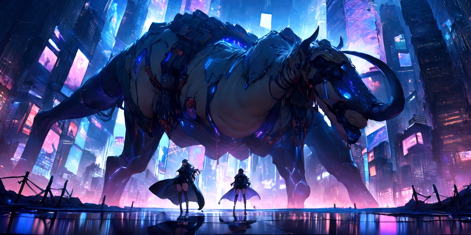 ((masterpiece, Highest quality, Best image quality, High resolution)) A female demon riding a large camel、Glowing blue eyes and advanced cybernetic enhancements. Seen in dynamic action poses, reflection on a smooth surface. The cityscape below is filled with towering skyscrapers., illuminated by colorful holographic advertisements, Shining with blue energy, Mighty power. The overall atmosphere is dark and mysterious., It had a futuristic techno vibe.. The lighting is dramatic, Intense highlights and deep shadows, Creates depth and tension. 
