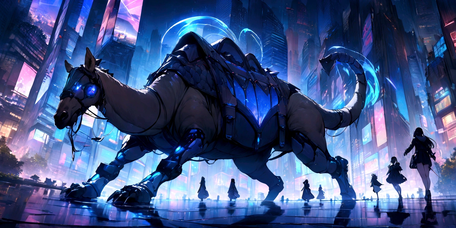 ((masterpiece, Highest quality, Best image quality, High resolution)) A female demon riding a large camel、Glowing blue eyes and advanced cybernetic enhancements. Seen in dynamic action poses, reflection on a smooth surface. The cityscape below is filled with towering skyscrapers., illuminated by colorful holographic advertisements, Shining with blue energy, Mighty power. The overall atmosphere is dark and mysterious., It had a futuristic techno vibe.. The lighting is dramatic, Intense highlights and deep shadows, Creates depth and tension.