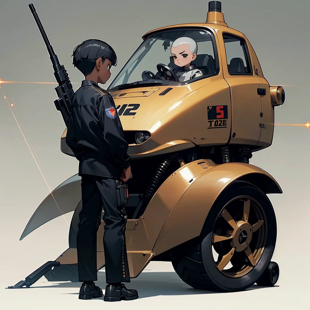 (1Little boys, full body version, African Babies), (black skin, large nose, black eyes, black colored hair, buzz cut hairstyle, clothing models made of metallic, iron, silver, robotic), (there is a robot beside him, 1robot, sophisticated, has a shooting gun, laser), (Grassroots background)