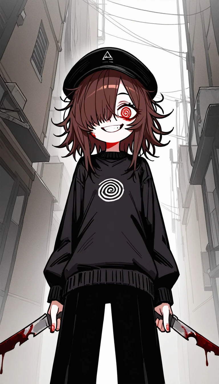 best quality, 1 girl, young, long brown hair,messy hair, hair covering one eye, one eye covered by hair, flat chest, spiral eyes, red eyes, crazy smile, laughing, black sweater, black hat, long black pants, black boots, bloody knife in hand, menacing, standing, looking down at viewer, empty alley, dark alley, desolated background, low angle