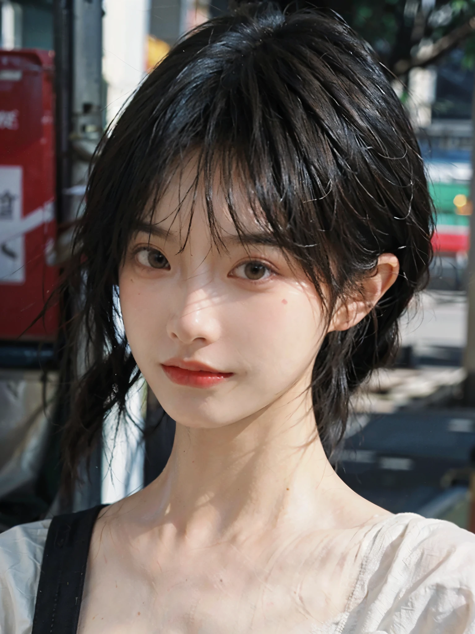 (Skin details:1.4), (smooth skin textures:1.3), Lipstick, background, earrings, serene, calm, Suspenders,(Realistic and detailed eyes:1.2), Natural skin texture, Realistic facial details, Soft dramatic lighting, Vivid details, 35 mm film, outdoor, (Photo Practical:1.4), (hyper Practical:1.4), (Practical:1.3), (Smoother lighting:1.05), (Improve lighting quality:0.9), (Highest quality real skin textures:1.4), Exquisite eyes, Delicate face, Close-up of face, (Enhance the beauty of skin texture:1.1), Hair details,(Large Breasts:1.3)normal body ratio, short hair, Moles under the eyes, A faint smile,Portrait Photography, Depth of Field, Bokeh, Surrealism, Ray Tracing, (Portrait Photography:1.1), Surrealism, High Detail, Chiaroscuro, Ray Tracing, reflected light, Ultra HD, Ultra HD, masterpiece, Textured Skin, Super Detail, High Detail, high quality, best quality