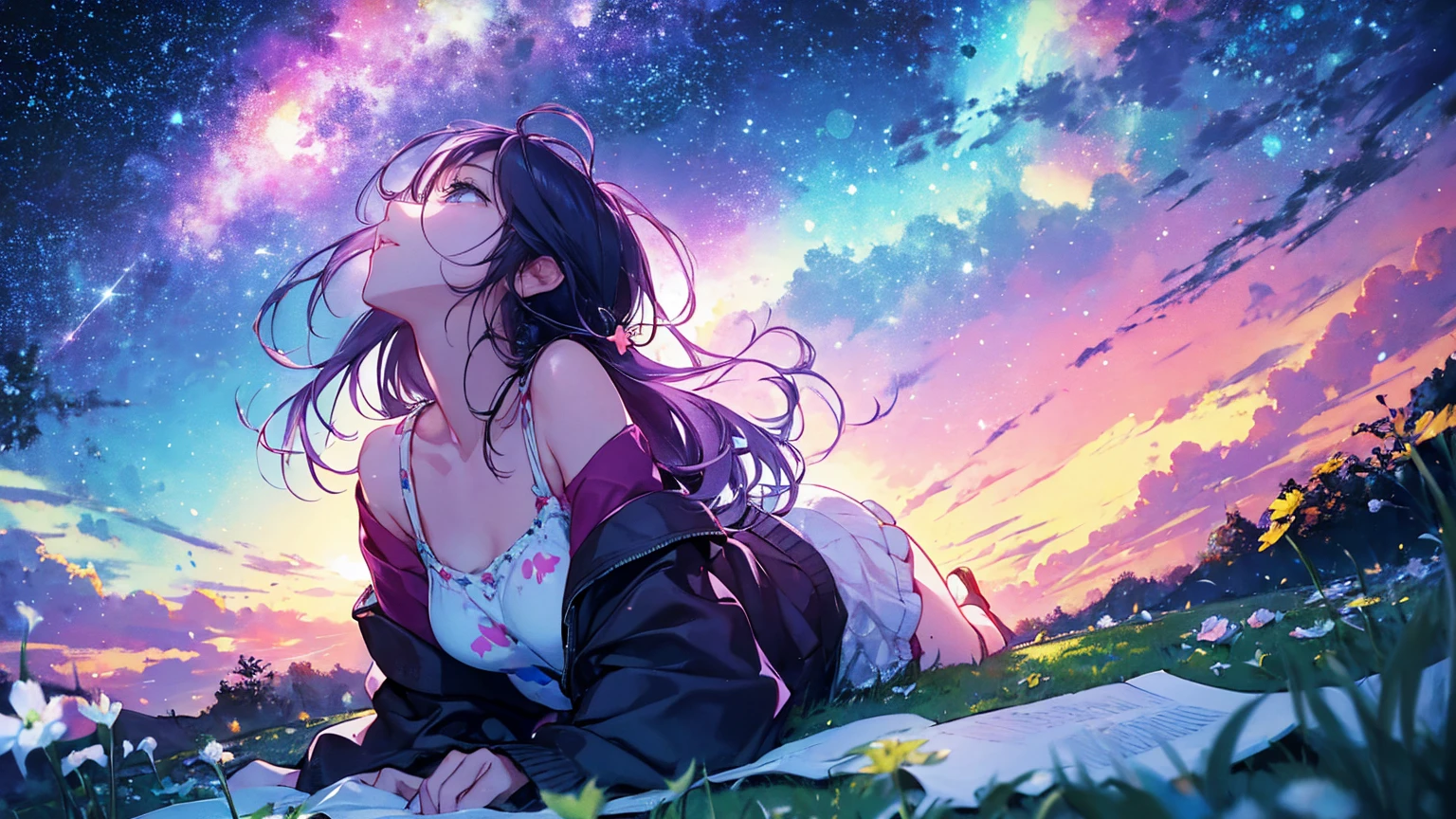 Describe a scene where a cute girl character is lying on a grassy hill, Looking up at the starry sky. Surround her with colorful nebulae and her favorite constellations.