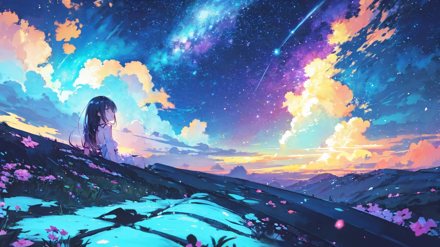 Describe a scene where a cute girl character is lying on a grassy hill, Looking up at the starry sky. Surround her with colorful nebulae and her favorite constellations.