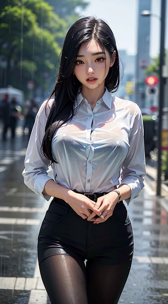(masterpiece), best quality, expressive eyes, perfect face, (8k, best quality, masterpiece:1.2),(best quality:1.0), (ultra highres:1.0), body full shot, solo, Beautiful girl, 19 years old, cool expression, sexy lips, black hair, Wet hair, Wearing business clothes, wet clothes, Walking in the pouring rain, cinematic shot, aesthetic rain, long shot