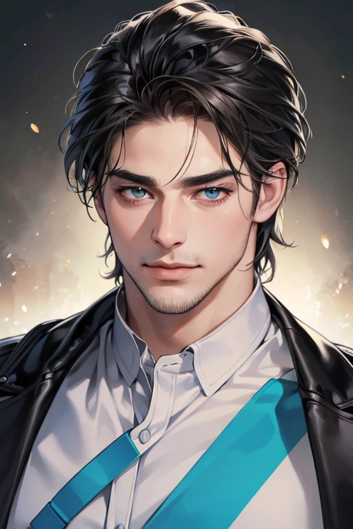 (best quality,4k,8k,highres,masterpiece:1.2),ultra-detailed,(realistic,photorealistic,photo-realistic:1.37),30 year old man,3 day beard,handsome anime,portraits,strong,masculine,dark hair,sharp jawline,mesmerizing eyes,perfectly styled hair,cool anime outfit,confident expression,vibrant colors,dynamic lighting, CEO and expression smile in love.