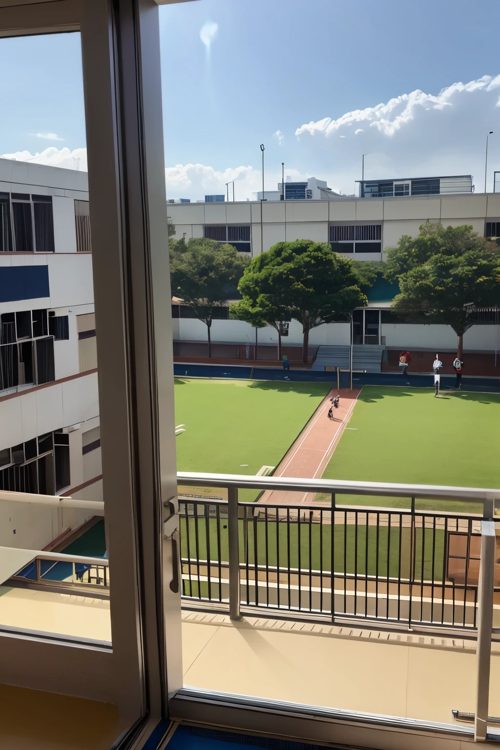 School building Looking out from the classroom on the fourth floor, you can see the playground.、People appear small
