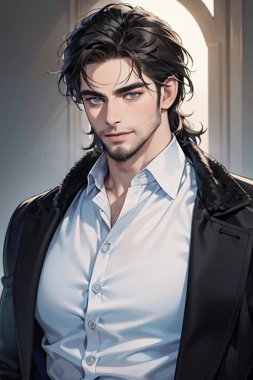 (best quality,4k,8k,highres,masterpiece:1.2),ultra-detailed,(realistic,photorealistic,photo-realistic:1.37),30 year old man,3 day beard,handsome anime,portraits,strong,masculine,dark hair,sharp jawline,mesmerizing eyes,perfectly styled hair,cool anime outfit,confident expression,vibrant colors,dynamic lighting, CEO and expression smile in love.
