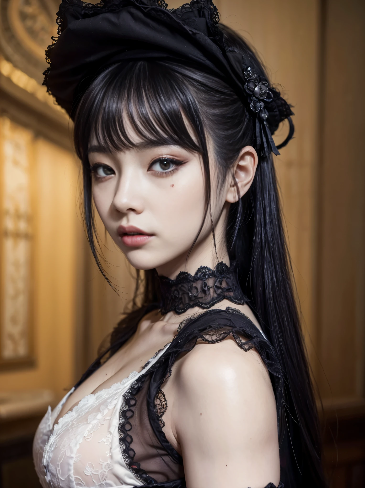 (((In 8K. HDR.Hyperrealism、Masterpiece 1.2、wlop1、Cinematic、Detailed content、Live Photo 1.2, Best quality 1.2、 Very detailed、Very detailed、Perfect Shading、Low angle full body shot 1.2、1 photo、Artistic photography、Artistic photography、Commercial Photography 1.2、50mm 、Film Grain、))). (((Bloodstainedのベッド1.2、真っ赤なBloodstainedベッド1.2、Necronomicon、Bloodstained、)))(Gothic Lolita、Jet black eyeshadow、Purple Lipstick、White lace dress、Bloodstained lace dress)、(Necromancer'Fingers in the)、(Focus on the characters、Blur the background、Midnight Shooting), (Spooky atmosphere、Beksiński-style background'Paintings of、fear、Insanity)、 (Shade lighting、Standing position、Angle from the front、Take a full body photo)、(Small breasts 1.2)、(White skin、Realistic Skin、Hairy skin)、(Black Hair、Short Bob、bangs、おでこが隠れるbangs)