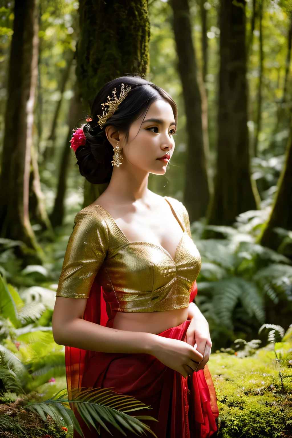 Full body portrait of a beautiful woman (gldot) in the forest, Balinese kebaya, red color combined with moss green (medium bust: 1.3), plump body, reeds, staring pose, holding a sword, realistic, masterpiece, best quality, lens flare, shading , bloom, [[chromatic aberration]], by Jeremy Lipking, by Antonio J. Manzanedo, digital painting, HDR, high contrast