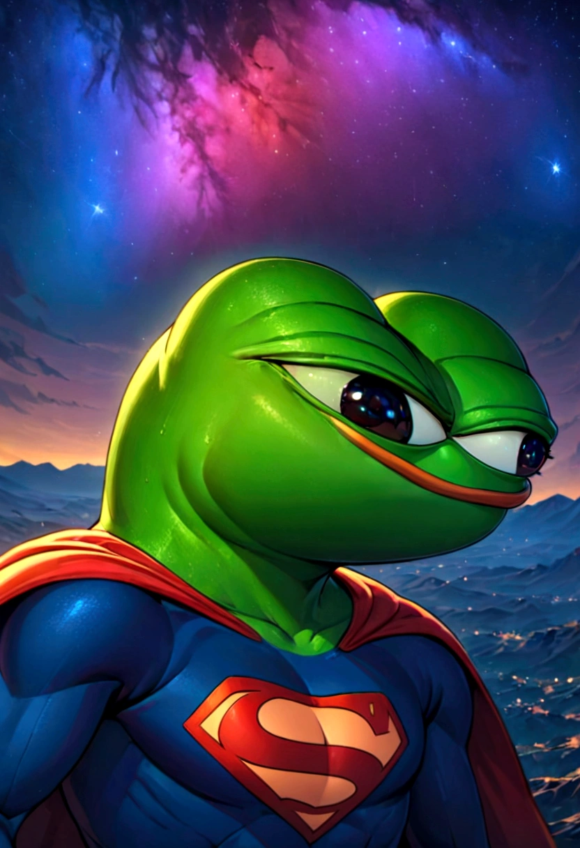 portrait of purple super hero pepe with purple skin,, wearing super hero outfit with big H in middle , a starry night sky background, (((pepe_frog))),,detailed portrait, (best quality,8k,highres,masterpiece:1.2),ultra-detailed,digital painting,vibrant colors,dramatic lighting,fantasy,surreal, pepe the with purple skin, hedgehog with big mucles, hedgehog, supe hero, superman, pepe the frog, as super hero pepe_frog, high qulity (((PepeFrog))), big H on outfit, H superhero