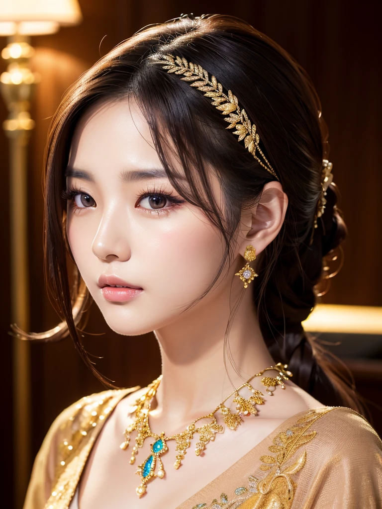 a beautiful young korean idol woman, high quality detailed portrait, extremely detailed face and eyes, long eyelashes, detailed skin texture, flawless makeup, elegant expression, detailed hair, beautiful detailed lips, intricate jewelry, detailed clothing, complex background, (best quality,4k,8k,highres,masterpiece:1.2),ultra-detailed,(realistic,photorealistic,photo-realistic:1.37),studio lighting,HDR,vivid colors,professional photography、AOAのメンバー、チョア