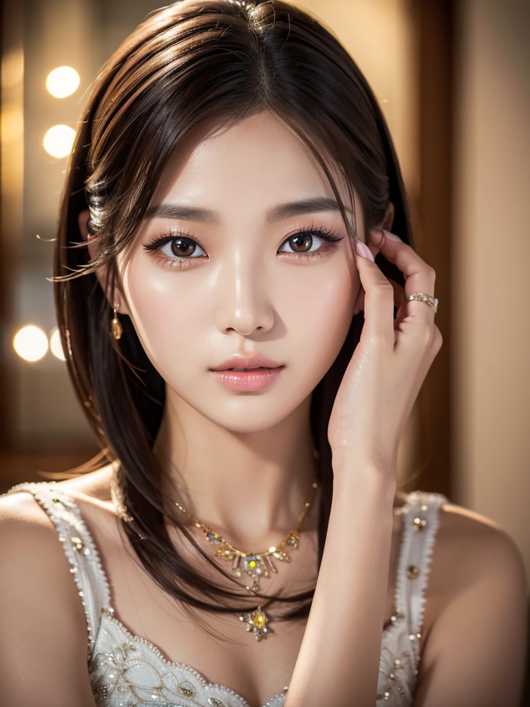 a beautiful young korean idol woman, high quality detailed portrait, extremely detailed face and eyes, long eyelashes, detailed skin texture, flawless makeup, elegant expression, detailed hair, beautiful detailed lips, intricate jewelry, detailed clothing, complex background, (best quality,4k,8k,highres,masterpiece:1.2),ultra-detailed,(realistic,photorealistic,photo-realistic:1.37),studio lighting,HDR,vivid colors,professional photography、AOAのメンバー、チョア