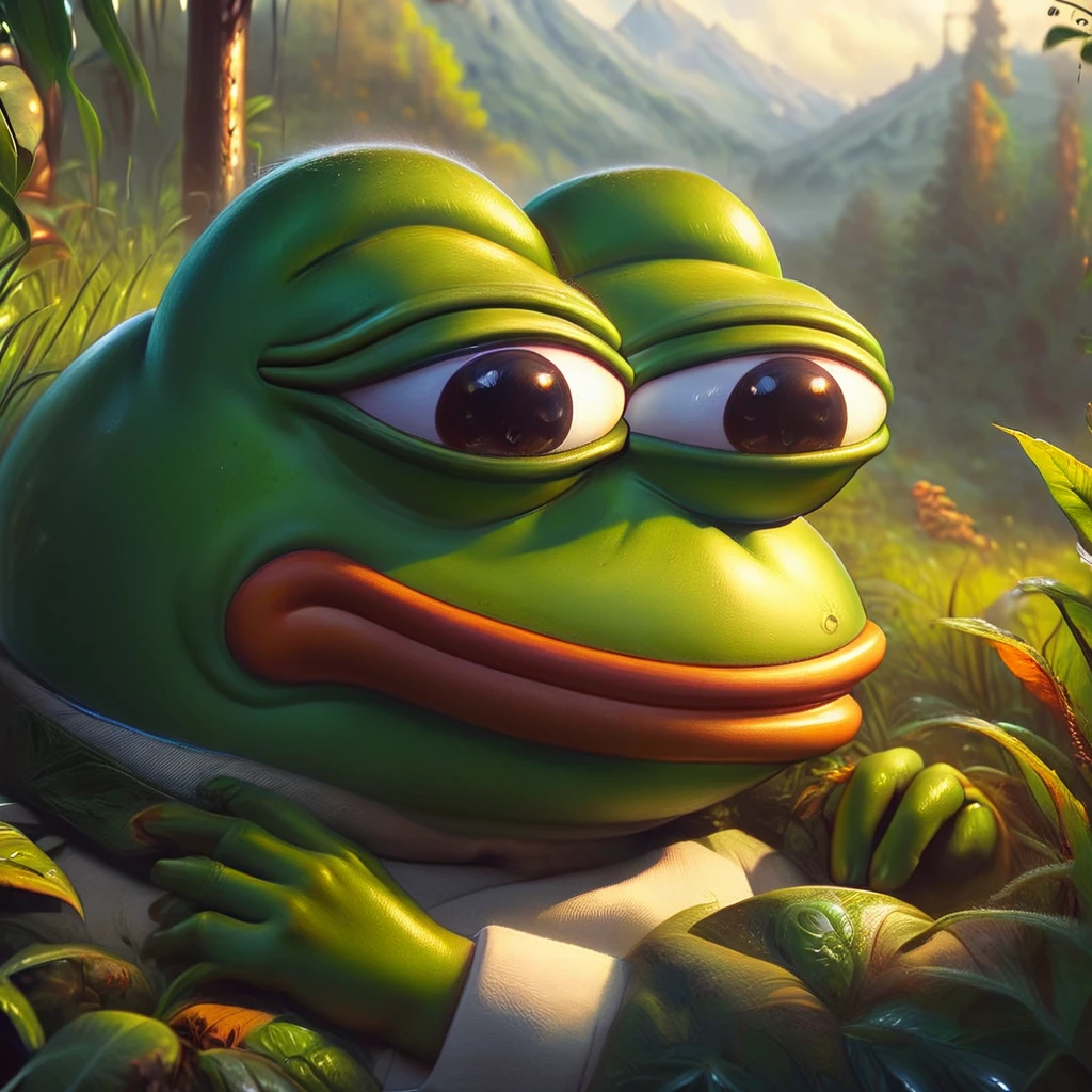 a sleepy pepe the frog, green frog character, cute cartoon animal, digital painting, hyper realistic, highly detailed, 8k, photorealistic, cinematic lighting, lush vegetation background, warm color tones, ambient occlusion, volumetric fog, depth of field, masterpiece