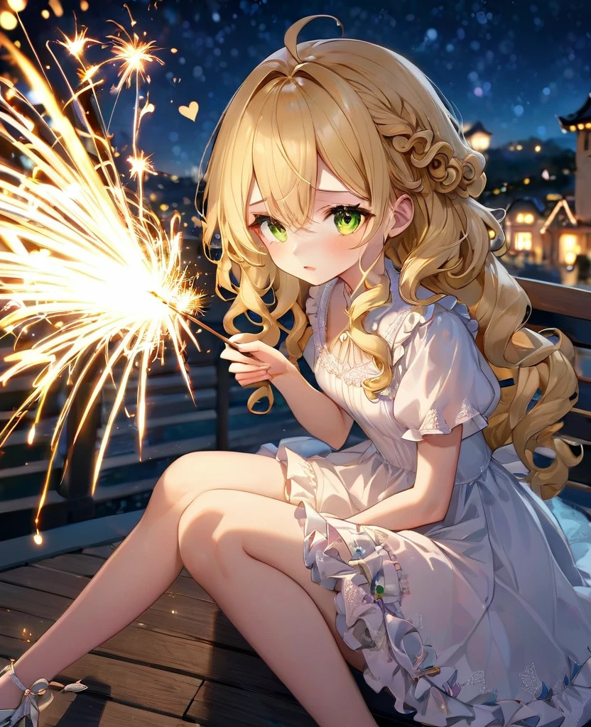 (masterpiece, best quality:1.2), (absurdres, highres, ultra-detailed), (perfect anatomy), 
Cute Girls、Sitting、Holding it facing down、Sparkler、Blonde、Curly long hair、Yellow-green eyes、Sparkling、night、heart、White frilly dress

(8K, RAW photo:1.2),detailed face and eyes,intricate detail ,masterpiece ,sharp focus, high quality,BREAK,rating: general, newest