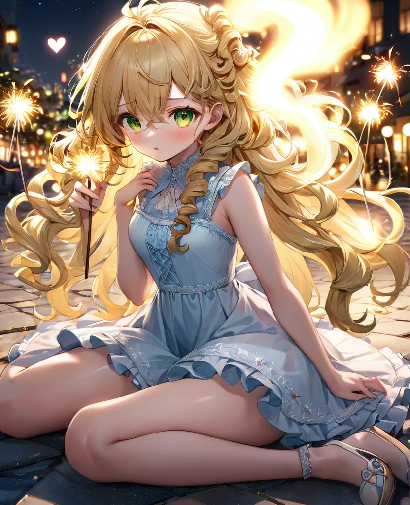 (masterpiece, best quality:1.2), (absurdres, highres, ultra-detailed), (perfect anatomy), 
Cute Girls、Sitting、Holding it facing down、Sparkler、Blonde、Curly long hair、Yellow-green eyes、Sparkling、night、heart、White frilly dress

(8K, RAW photo:1.2),detailed face and eyes,intricate detail ,masterpiece ,sharp focus, high quality,BREAK,rating: general, newest