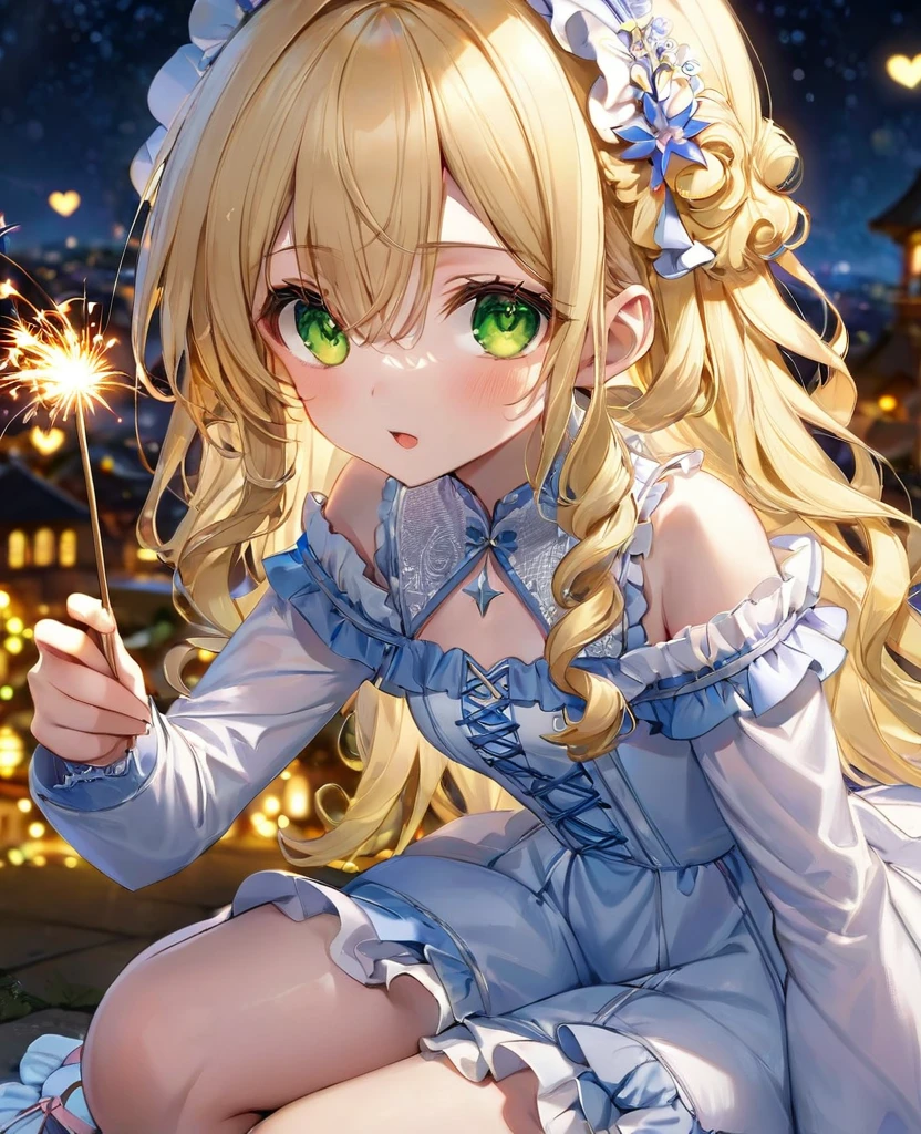 (masterpiece, best quality:1.2), (absurdres, highres, ultra-detailed), (perfect anatomy), 
Cute Girls、Sitting、Holding it facing down、Sparkler、Blonde、Curly long hair、Yellow-green eyes、Sparkling、night、heart、White frilly dress

(8K, RAW photo:1.2),detailed face and eyes,intricate detail ,masterpiece ,sharp focus, high quality,BREAK,rating: general, newest