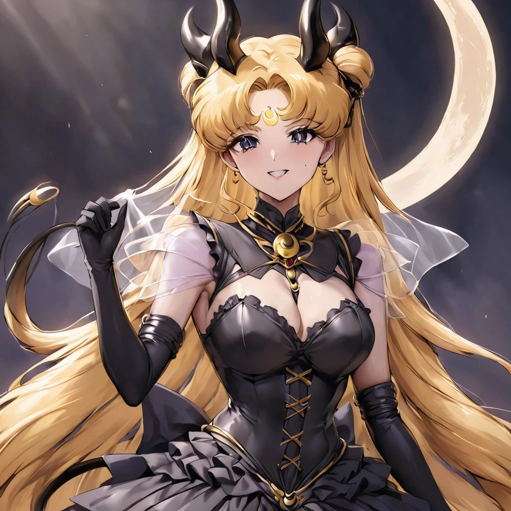 ((Highest quality)), ((masterpiece)), (detailed), (Perfect Face)、The woman is the bride of the Demon King, the Dark Queen of the Black Moon of the Black Moon Clan, the Demon Queen Black Serenity, and the woman is the jet-black, y demon princess Serenity.、The woman is a jet-black female demon with magnificent devil horns, jet-black devil wings, and a jet-black tail. Her skin is jet-black, and she has a black inverted crescent moon mark on her forehead. She is wearing a gorgeous black Lolthic Victorian dress, a black veil, and a black see-through cape. She is the jet-black demon Princess Serenity, and has blonde hair, looking at the camera with a happy expression.2The expression of a girl in love with her long hair tied up、W Black Serenity、Punishment pose on behalf of the moon