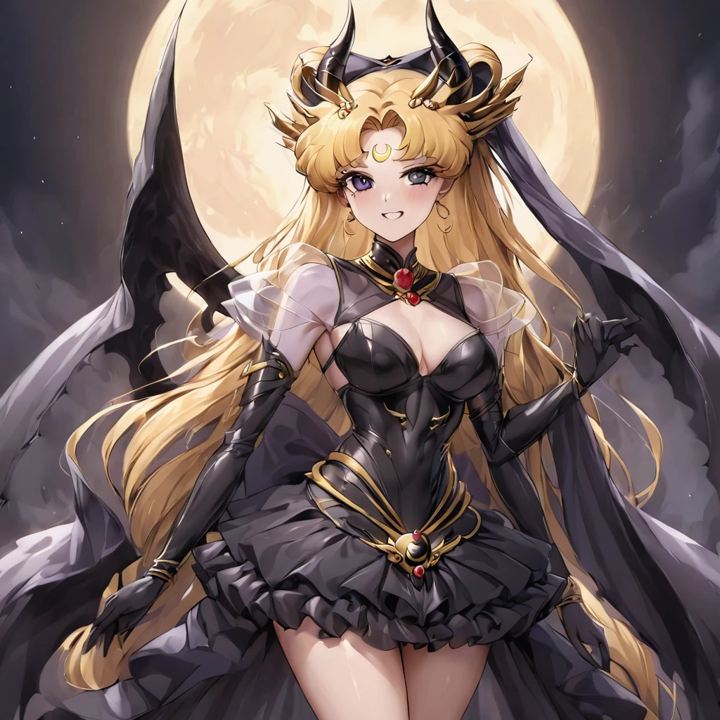 ((Highest quality)), ((masterpiece)), (detailed), （Perfect Face）、The woman is the bride of the Demon King, the Dark Queen of the Black Moon of the Black Moon Clan, the Demon Queen Black Serenity, and the woman is the jet-black, sexy demon princess Serenity.、The woman is a jet-black female demon with magnificent devil horns, jet-black devil wings, and a jet-black tail. Her skin is jet-black, and she has a black inverted crescent moon mark on her forehead. She is wearing a gorgeous black Lolita Gothic Victorian dress, a black veil, and a black see-through cape. She is the jet-black demon Princess Serenity, and has blonde hair, looking at the camera with a happy expression.２The expression of a girl in love with her long hair tied up、Woman is Black Serenity、Punishment pose on behalf of the moon