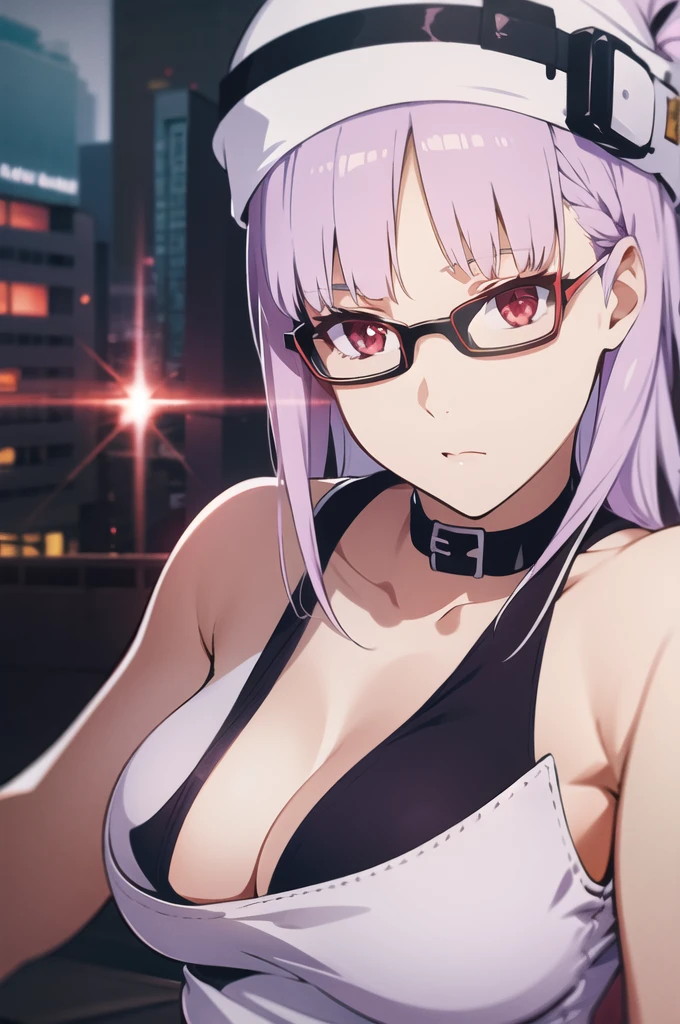 girl, white beanie, bangs, light purple hair, red eyes, glasses, [black tanktop], choker, breasts