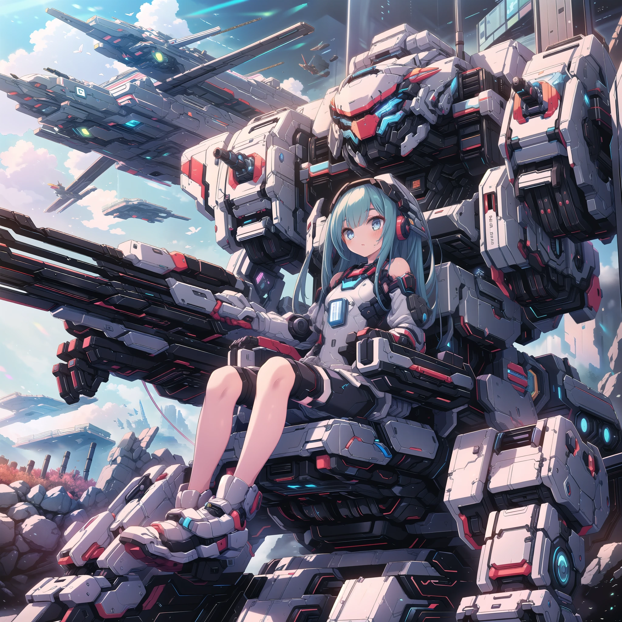 (masterpiece:1.2), best quality, high resolution, extremely detailed CG, absurdres, highres, Sci-fi world where a girl in bodysuit sits inside a machine with giant robot arms and legs on a battlefield, and the girl holds the lever of the machine,Colorful portraits