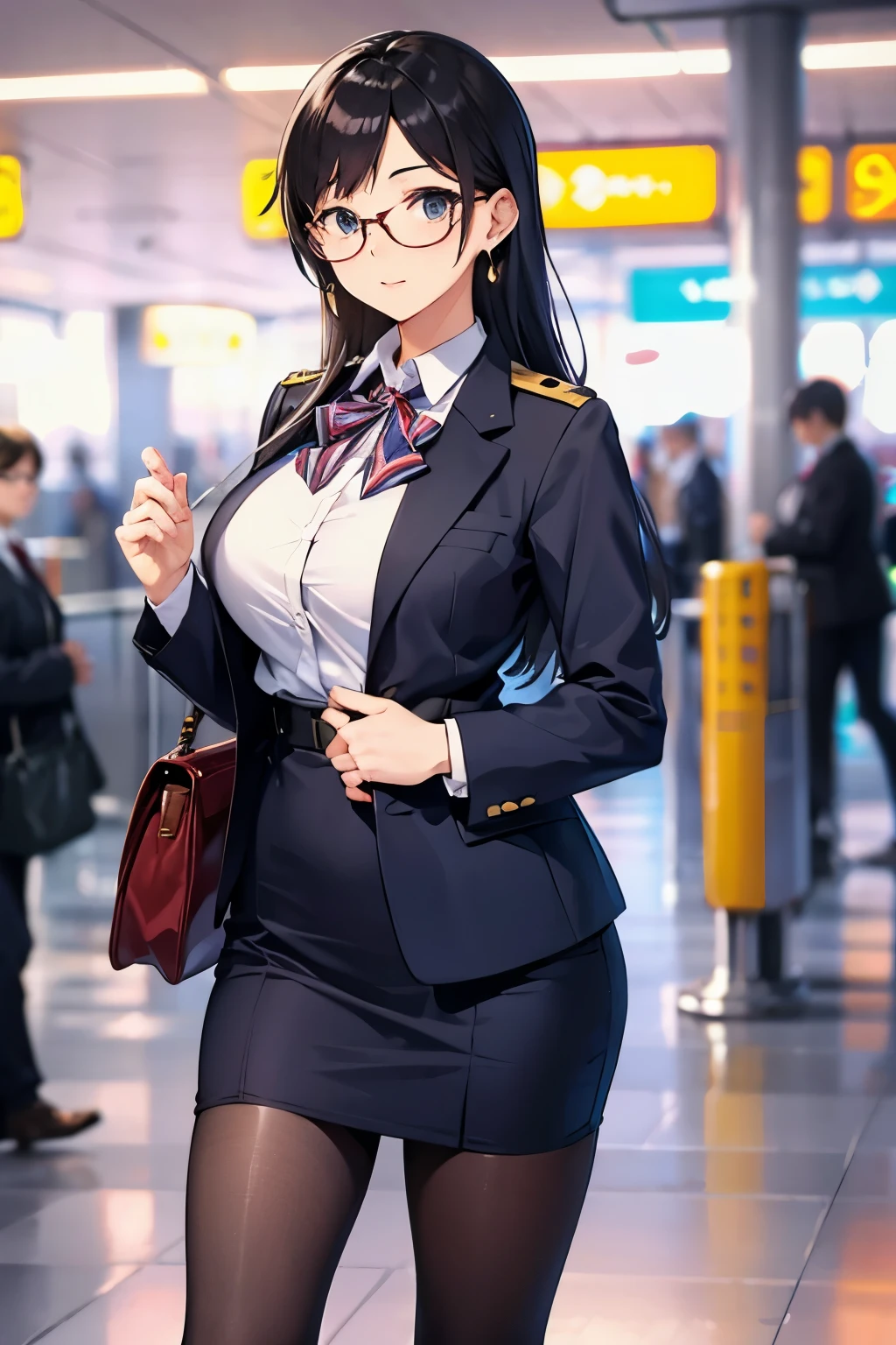 Flight attendant in uniform walking through the airport with suitcase and handbag、Perfect Style、Sexy、Large breasts、Beauty、Adorable expression、cute、Glasses、Earrings、22 years old