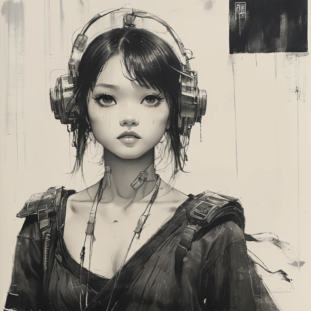 (best quality, sketch:1.2),realistic,illustrator,anime, Woman with tattoos on her arms and chest, Cyberpunk art inspired by Masamune Shirow, Art Station, Gothic art, Then Martin, Then Martin artwork portrait, Frank Cho, ArtJam and ilya kuvshinov, Chris Moore. ArtJam, ArtJam greg rutkowski _ greg, shohei otomo black and red gradient background,neon hair,textured cropping, masterpiece, style retro classic, noir style , Japanese style, ((monochrome))