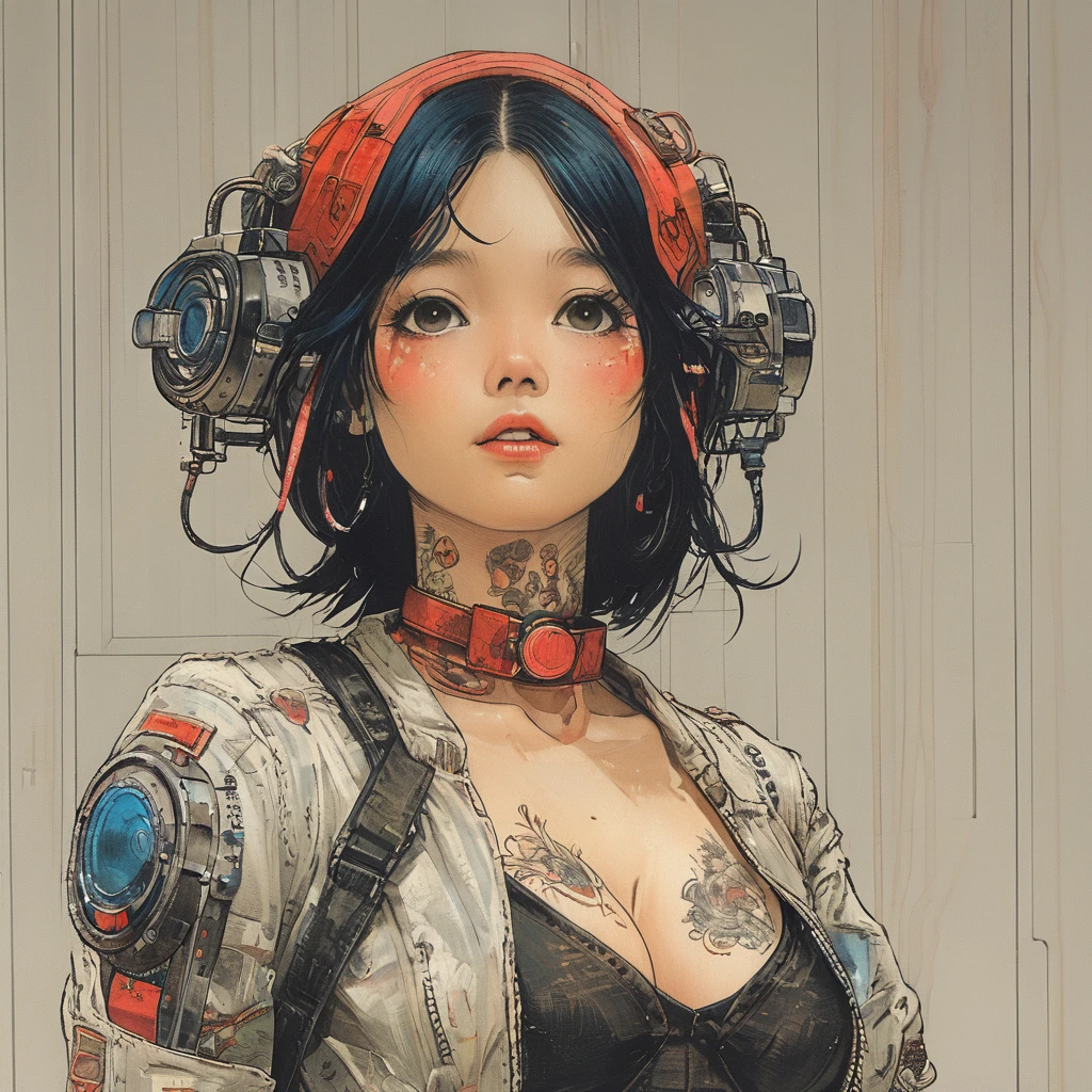 (best quality, sketch:1.2),realistic,illustrator,anime, Woman with tattoos on her arms and chest, Cyberpunk art inspired by Masamune Shirow, Art Station, Gothic art, Then Martin, Then Martin artwork portrait, Frank Cho, ArtJam and ilya kuvshinov, Chris Moore. ArtJam, ArtJam greg rutkowski _ greg, shohei otomo black and red gradient background,neon hair,textured cropping, masterpiece, style retro classic, noir style , Japanese style, ((monochrome))