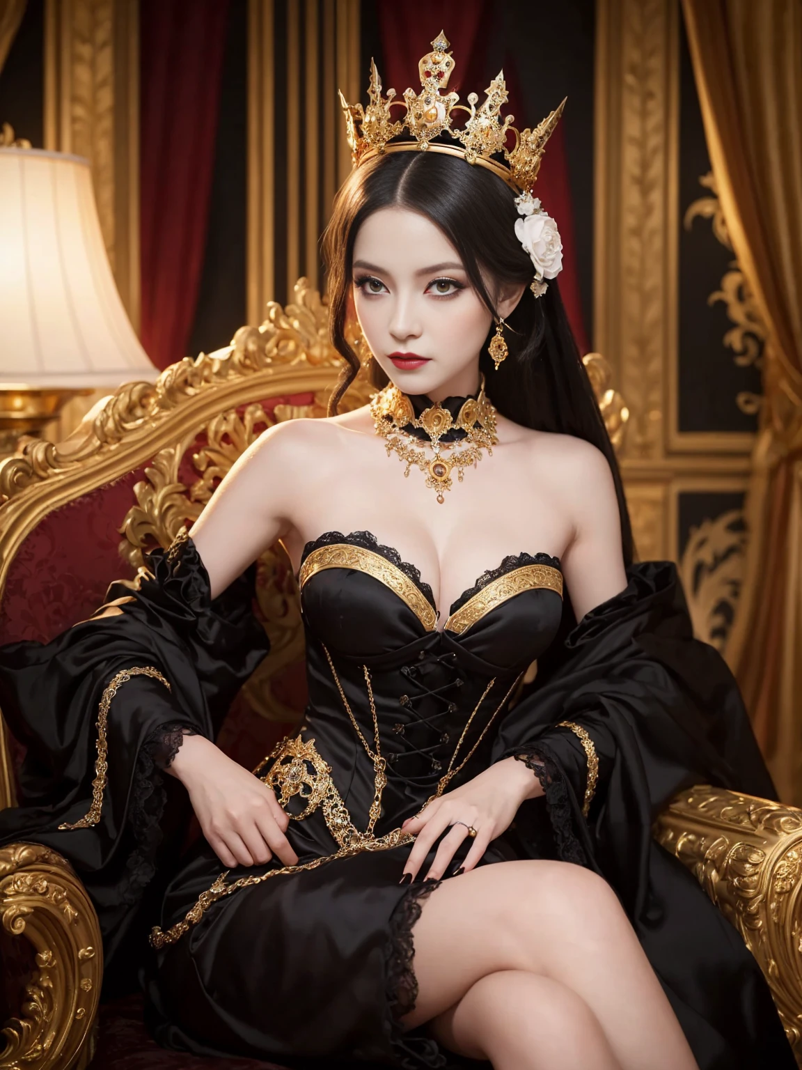 Woman wearing a black and white dress and a gold crown, beautiful fantasy empress, ((beautiful fantasy empress)), Gothic Regal, Rococo Queen (Rococo Queen), royal elegant pose, gothic princess portrait, Beautiful vampire female queen, Elegant Gothic princess, ornate cosplay, The Lovely Queen, beautiful and elegant devil queen, Guweiz masterpiece, Surreal Fantasy Tiara