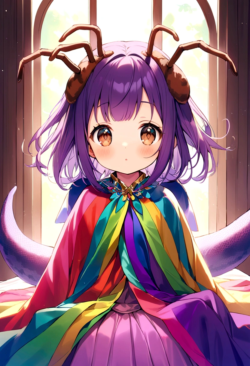 6 year old girl with purple hair, Brown eyes, some antennae on its head and a small lizard tail. One meter, usually wears colorful clothes