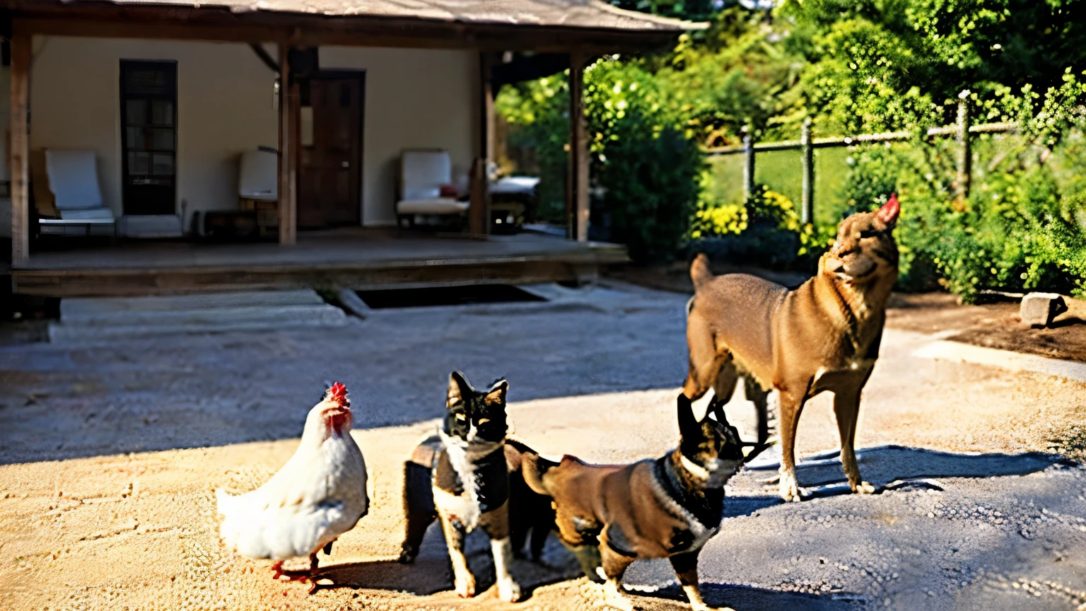 create a beautiful Asian photo in a setting with 3 cats and 2 dogs and chickens in the yard