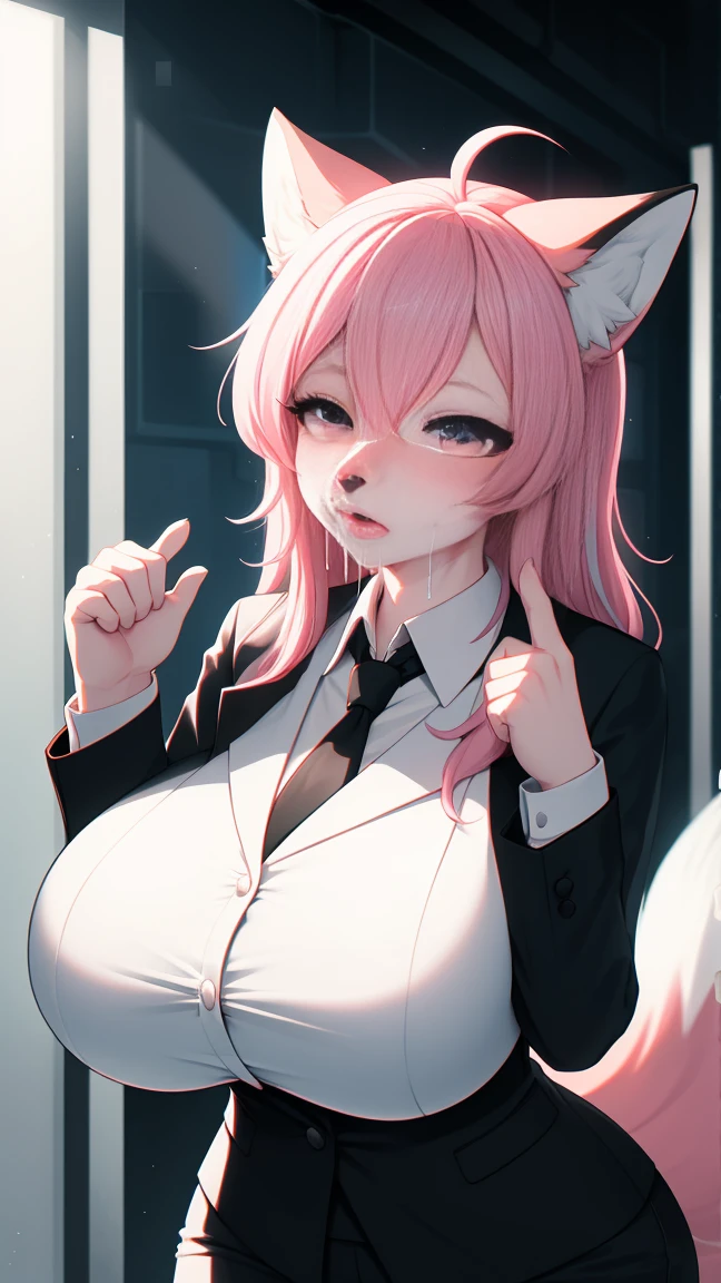 Cyberpunk fox, Beautiful light and shadow on the beautiful face with light pink hair、Ultrafine fur、Volumetric lighting is very detailed,Highest quality furry art,Extra large breasts,business attire,Sexy pose,blush,Slobber