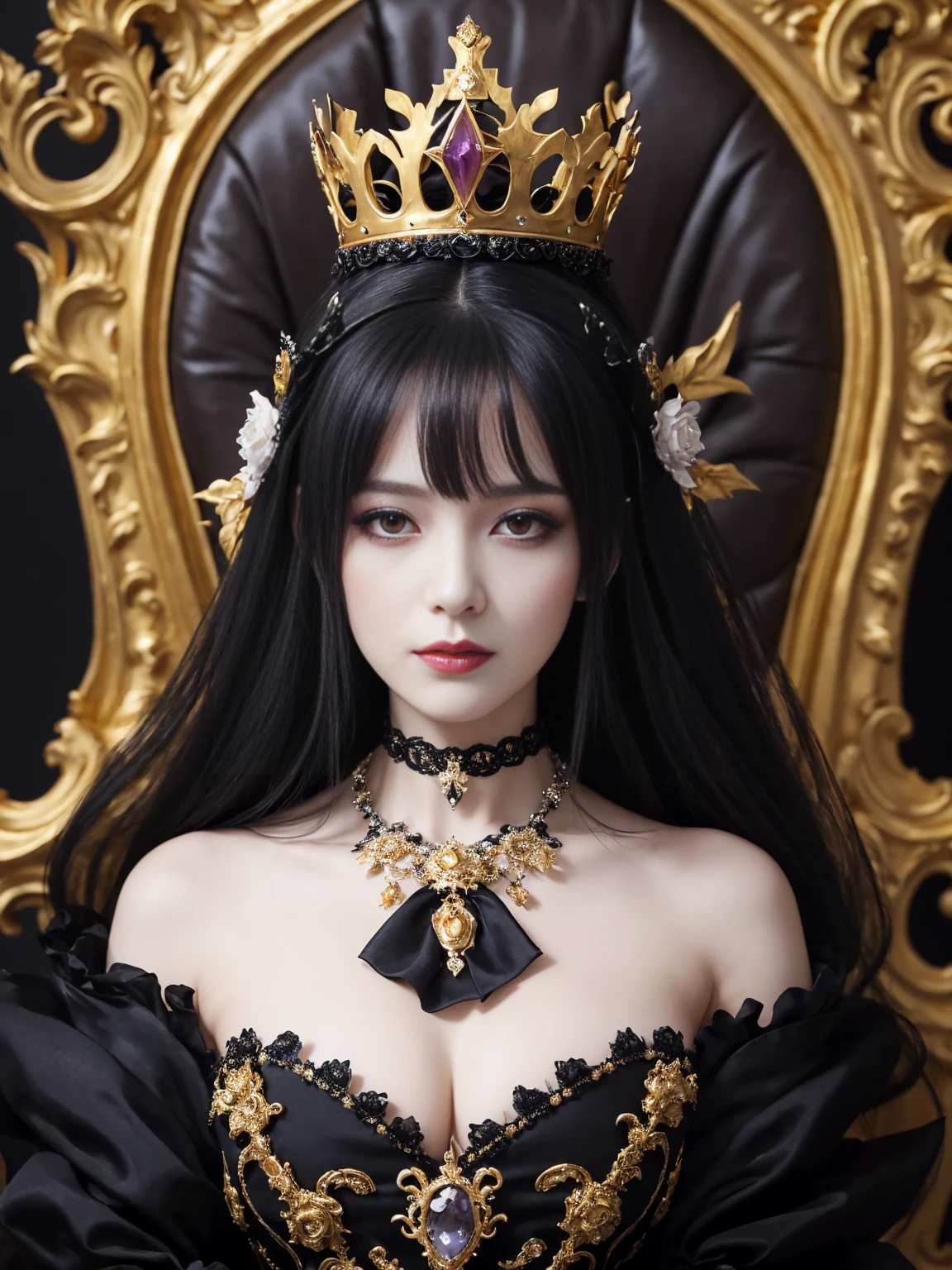 Woman wearing a black and white dress and a gold crown, beautiful fantasy empress, ((beautiful fantasy empress)), Gothic Regal, Rococo Queen (Rococo Queen), royal elegant pose, gothic princess portrait, Beautiful vampire female queen, Elegant Gothic princess, ornate cosplay, The Lovely Queen, beautiful and elegant devil queen, Guweiz masterpiece, Surreal Fantasy Tiara