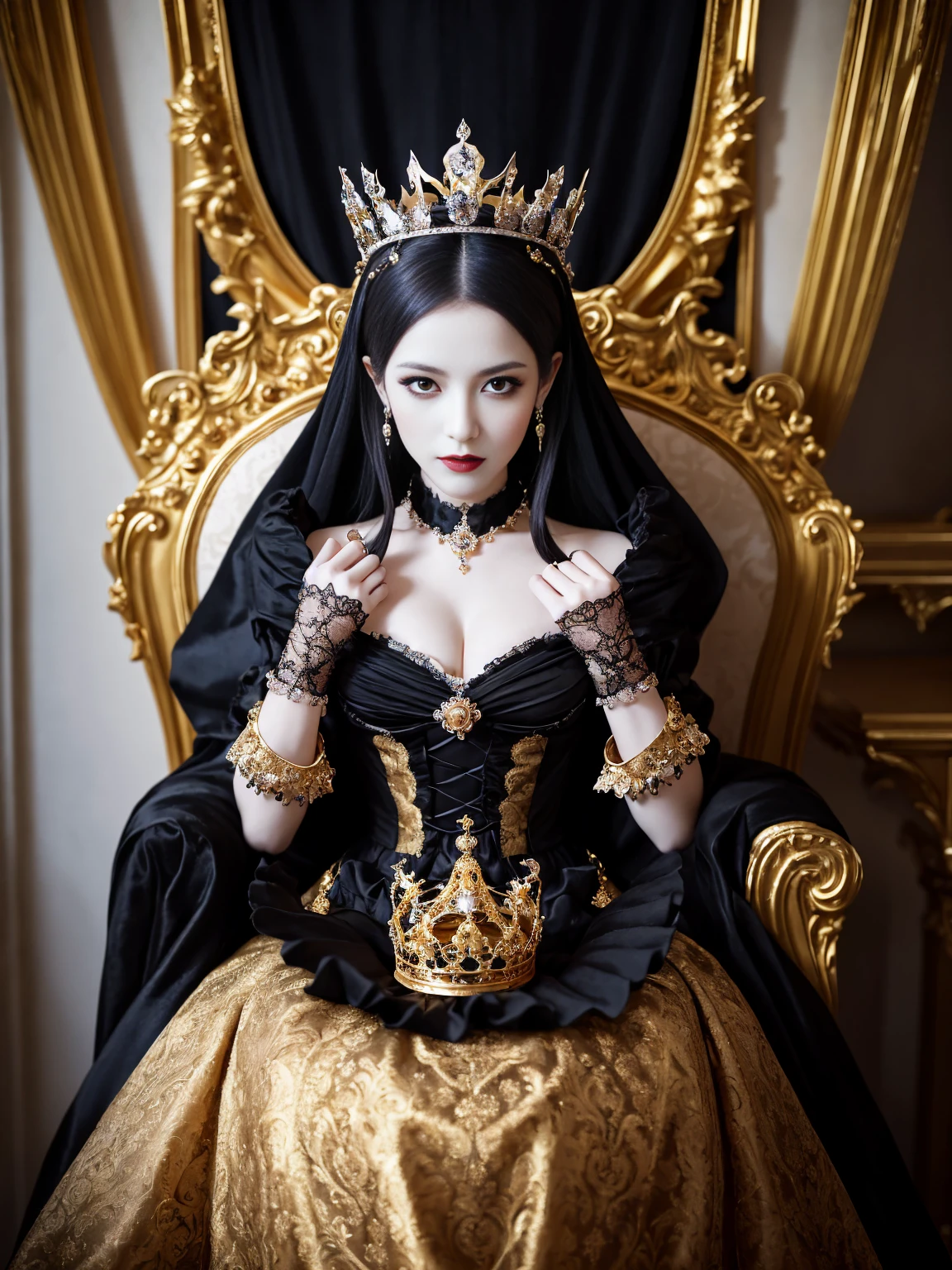 Woman wearing a black and white dress and a gold crown, beautiful fantasy empress, ((beautiful fantasy empress)), Gothic Regal, Rococo Queen (Rococo Queen), royal elegant pose, gothic princess portrait, Beautiful vampire female queen, Elegant Gothic princess, ornate cosplay, The Lovely Queen, beautiful and elegant devil queen, Guweiz masterpiece, Surreal Fantasy Tiara