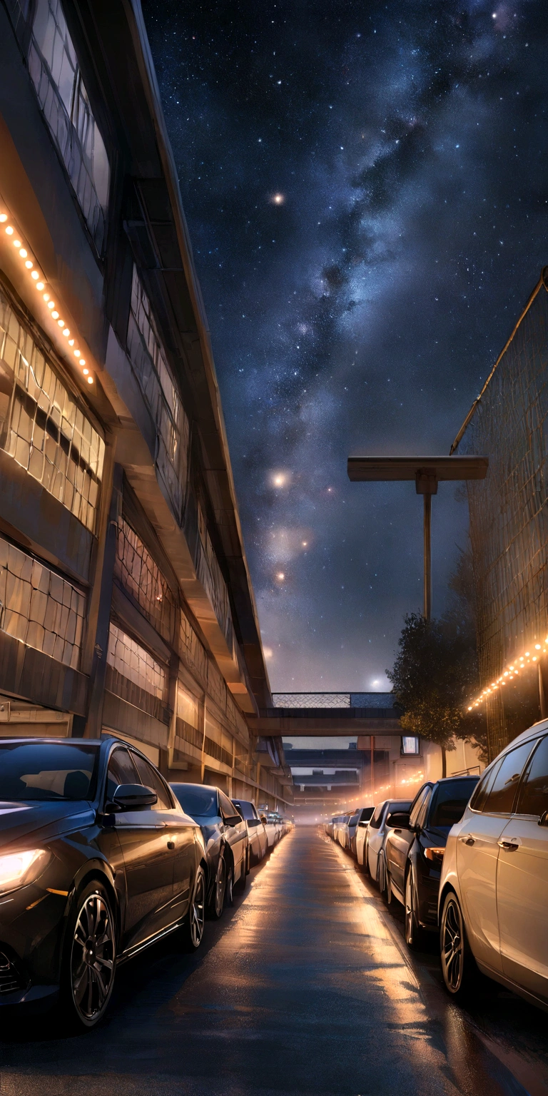 Row of cars in an car park, wired fence, lights, best quality, realistic, takes place at night, stars in the sky, masterpiece, lots of cars, panoramic view