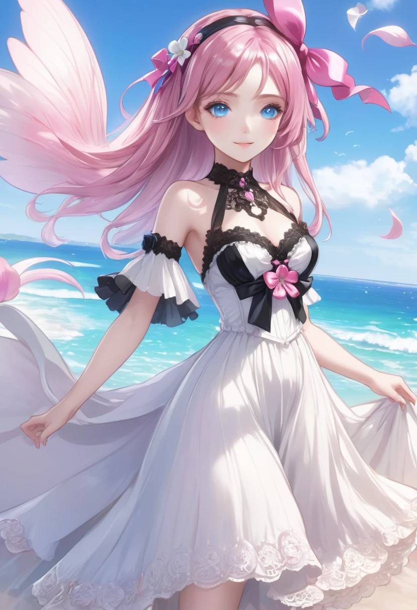 ((Highest quality)), ((masterpiece)), (detailed), ((Perfect Face)), Lilia, One Girl、Pink Hair、blue eyes、White dress with black lace、large pink ribbon on the chest、((whole body))、((Beach))、Fantastic、Mysteriouany petals flutter)、Artistic、Long skirt fluttering、Angle from below、