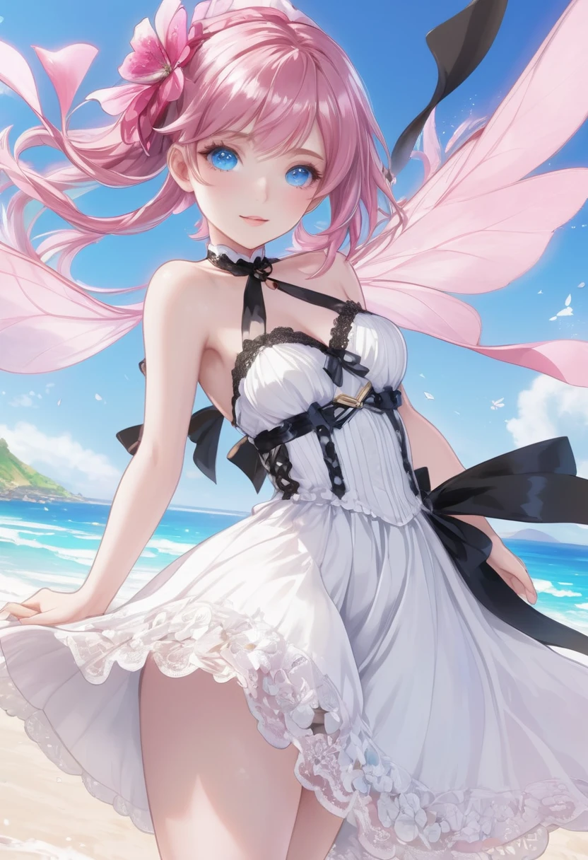 ((Highest quality)), ((masterpiece)), (detailed), ((Perfect Face)), Lilia, One Girl、Pink Hair、blue eyes、White dress with black lace、large pink ribbon on the chest、((whole body))、((Beach))、Fantastic、Mysteriouany petals flutter)、Artistic、Long skirt fluttering、Angle from below、