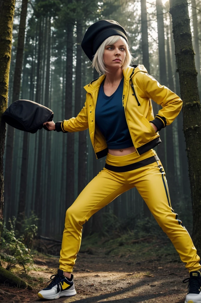 1white-skinned woman, with tied mustard colored hair, with yellow jacket, and black cap ,with medium chest,blue eye , tight yellow pants with black stripes,a white shoe, medium buttocks, with his fists towards the viewer, background full HD 4kmenacing shadows, ESCARIAN FOREST, suspended atmosphere, realist , Stormy, sharp focus, action 