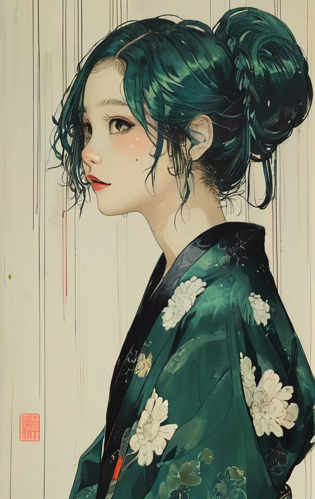 (highest quality, sketch:1.2), High resolution:0.75, Illustrator,anime, 1 girl, detailed lips, yukata、green dress,custom, (Dark monochrome background),neon hair,Texture Cropping, masterpiece, style, Retro Classic, Dark Black, Art Station, sketch book, bob hair [green:1.75] [neon:1.32], (Dark monochrome background:2.1), epic realistic, detailed