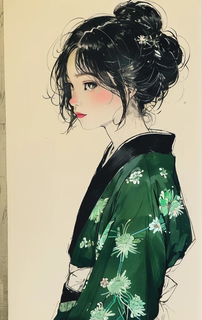 (highest quality, sketch:1.2), High resolution:0.75, Illustrator,anime, 1 girl, detailed lips, yukata、green dress,custom, (Dark monochrome background),neon hair,Texture Cropping, masterpiece, style, Retro Classic, Dark Black, Art Station, sketch book, bob hair [green:1.75] [neon:1.32], (Dark monochrome background:2.1), epic realistic, detailed