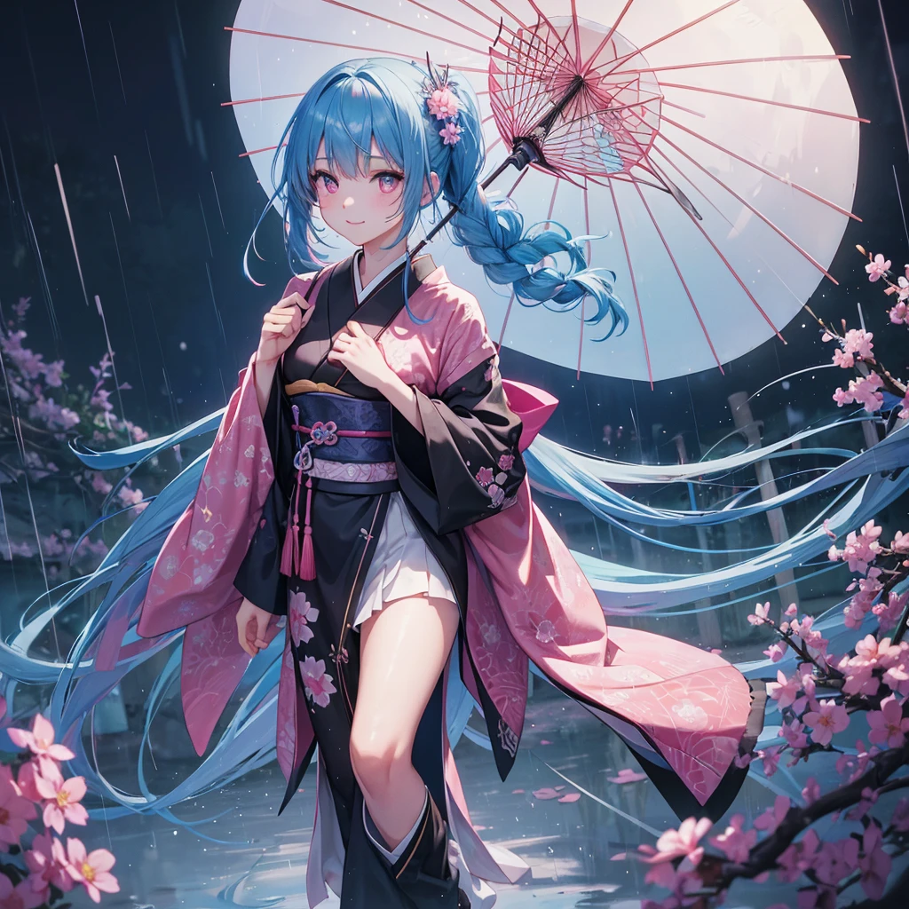 sky Blue hair, (braided ponytail),(pink eyes),fair skin ,(full body),(1 girl),smile,Straight Bangs,(masterpiece, best quality, ultra-detailed, best shadow), (detailed background), (beautiful detailed face), high contrast, (best illumination, an extremely delicate and beautiful), ((cinematic light)), colorful, hyper detail, dramatic light, intricate details,rain shower,kyoto,Japanese Umbrella,black kimono,