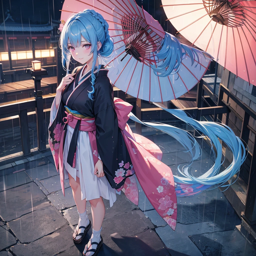 sky Blue hair, (braided ponytail),(pink eyes),fair skin ,(full body),(1 girl),smile,Straight Bangs,(masterpiece, best quality, ultra-detailed, best shadow), (detailed background), (beautiful detailed face), high contrast, (best illumination, an extremely delicate and beautiful), ((cinematic light)), colorful, hyper detail, dramatic light, intricate details,rain shower,kyoto,Japanese Umbrella,black kimono,