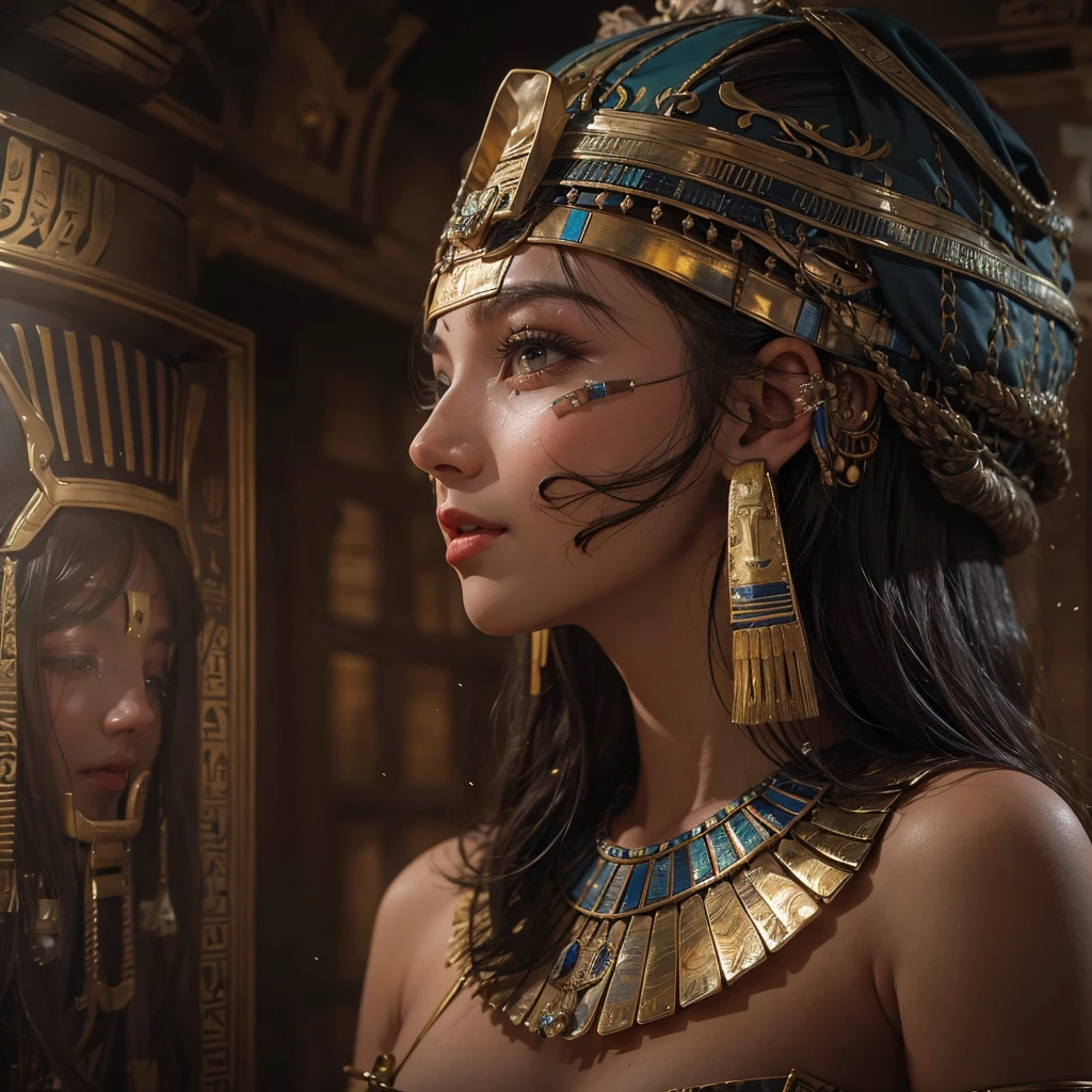 Standing in an ancient Egyptian cave、Blowing hair 、 ((Highest quality、masterpiece、8K、Best image quality、Ultra-high resolution、Award-winning works)、(Accurate ???????:1.1)、(Look at me and smile:1.0)、Shining fair skin with Ultra-high resolution、The most detailed face、Ultra-high resolution detailed face、Ultra-high resolutionの髪の毛、(Ultra-high resolution eye:1.1)、Beautiful face drawn in every detail、Ancient Egyptian costumes, Chest to chest,  Dark atmosphere,Dark Light, Ancient Egyptian makeup, 