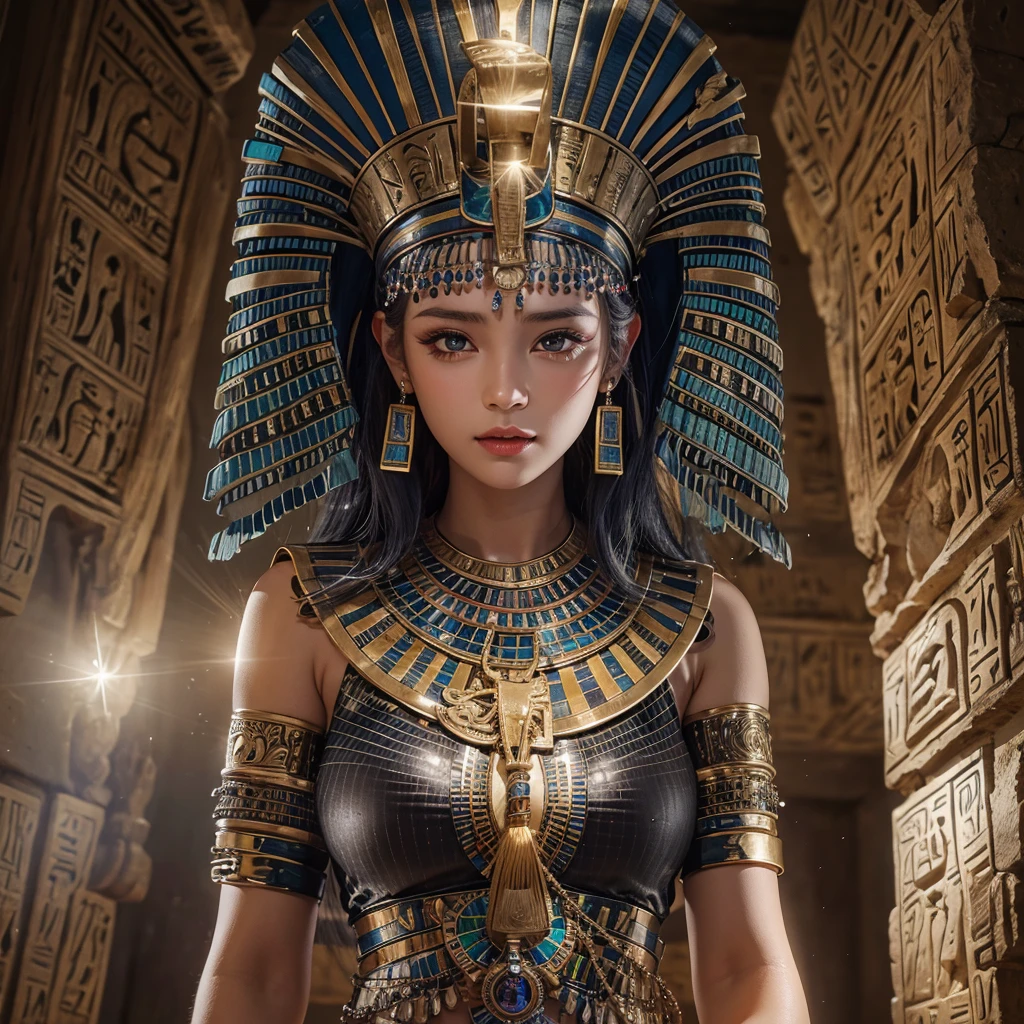 Standing in an ancient Egyptian cave、Blowing hair 、 ((Highest quality、masterpiece、8K、Best image quality、Ultra-high resolution、Award-winning works)、(Accurate anatomy:1.1)、(Look at me and smile:1.0)、Shining fair skin with Ultra-high resolution、The most detailed face、Ultra-high resolution detailed face、Ultra-high resolutionの髪の毛、(Ultra-high resolution eye:1.1)、Beautiful face drawn in every detail、Ancient Egyptian costumes, Chest to chest,  Dark atmosphere,Dark Light, Ancient Egyptian makeup, 