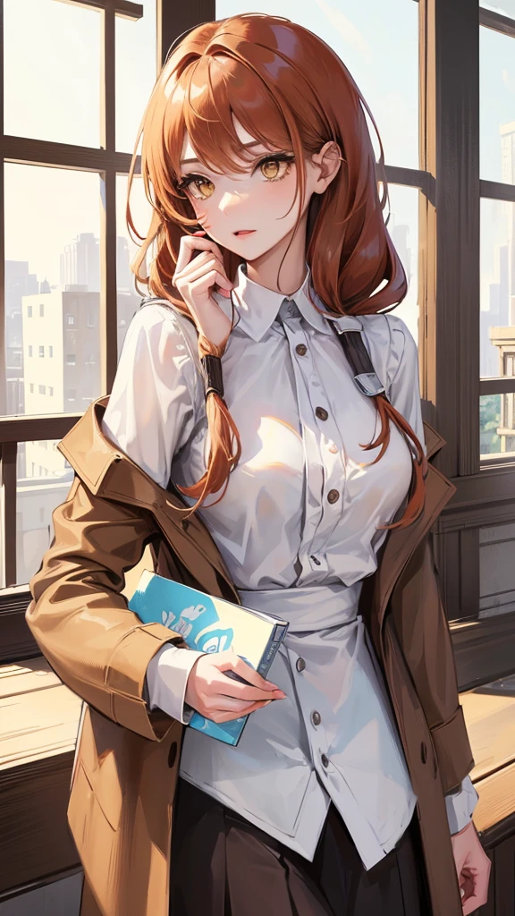 Photograph of the upper body of a beautiful woman, , normal breasts, perfect body), Sharp focus, (tall body, mature woman), ((Looking ahead)), (Highly detailed skin, hair follicles:1.4,) (long hairstyle ,ginger hair, yellow eyes) , (white blouses:1.47),(brown skirt),(sweater) , night light , high quality ,normal expression, cottage core, blue ribbons 🎀 💙, brown coat , minimal styles, modern