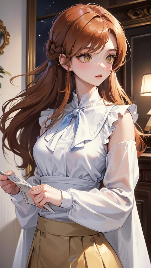 Photograph of the upper body of a beautiful woman, , normal breasts, perfect body), Sharp focus, (tall body, mature woman), ((Looking ahead)), (Highly detailed skin, hair follicles:1.4,) (long hairstyle ,ginger hair, yellow eyes) , (white blouses:1.47),(brown skirt),(sweater) , night light , high quality ,normal expression, cottage core, blue ribbons 🎀 💙, brown coat , minimal styles, modern